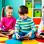 A group of happy children, fully clothed in bright, modest clothing, are playing interactive educational games on tablets featuring Kiki and Miumiu in a colorful, family-friendly playroom in Moscow, Russia. The scene is safe for work, with perfect anatomy and natural proportions. Professional digital art, high quality.