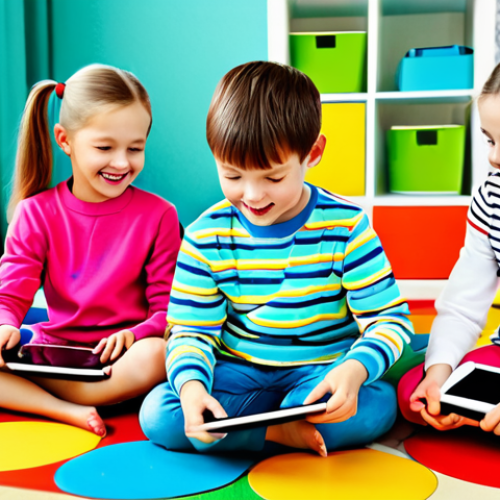 Home 4 A group of happy children, fully clothed in bright, modest clothing, are playing interactive educational games on tablets featuring Kiki and Miumiu in a colorful, family-friendly playroom in Moscow, Russia. The scene is safe for work, with perfect anatomy and natural proportions. Professional digital art, high quality.