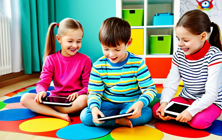 A group of happy children, fully clothed in bright, modest clothing, are playing interactive educational games on tablets featuring Kiki and Miumiu in a colorful, family-friendly playroom in Moscow, Russia. The scene is safe for work, with perfect anatomy and natural proportions. Professional digital art, high quality.